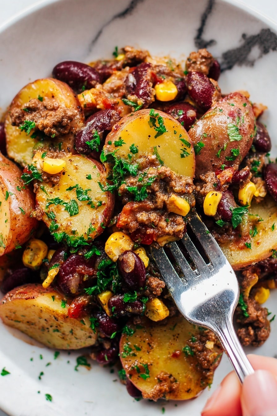 The close-up shows a mix of cooked food with three distinct layers: slices of soft red-skinned potatoes with a light yellow inside, browned ground meat pieces with a slightly crispy texture, and bright yellow corn kernels with some char marks. These are mixed with dark red kidney beans and fresh green chopped parsley sprinkled on top. The food looks moist with a light sauce coating each ingredient. A silver fork is partly stuck into the food on the right side, held by a woman's hand. The dish rests on a white surface with a white marbled texture. photo taken with an iphone --ar 2:3 --v 7 - Crockpot Cowboy Casserole, hearty slow cooker dinner, easy casserole recipe, comfort food in the crockpot, family-friendly slow cooker meal