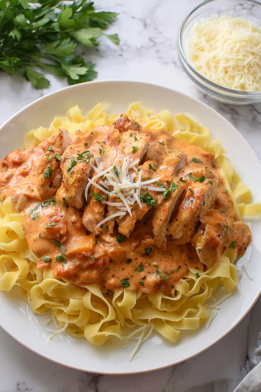 A white plate with a bed of cooked yellow fettuccine pasta forms the base layer, topped with sliced pieces of light brown chicken arranged in a neat row at the center. The chicken is covered with a thick, creamy orange sauce that has specks of herbs and small tomato chunks. The dish is sprinkled with shredded white cheese and small pieces of fresh green parsley, adding texture and color contrast. The background is a white marbled surface, and next to the plate is a small glass bowl filled with grated cheese, along with some green parsley leaves partially in view. Photo taken with an iphone --ar 2:3 --v 7 - Slow Cooker Creamy Tomato Basil Chicken, Chicken in Tomato Basil Sauce, Easy Creamy Chicken Recipes, Slow Cooker Chicken Dinner, Comfort Food Chicken