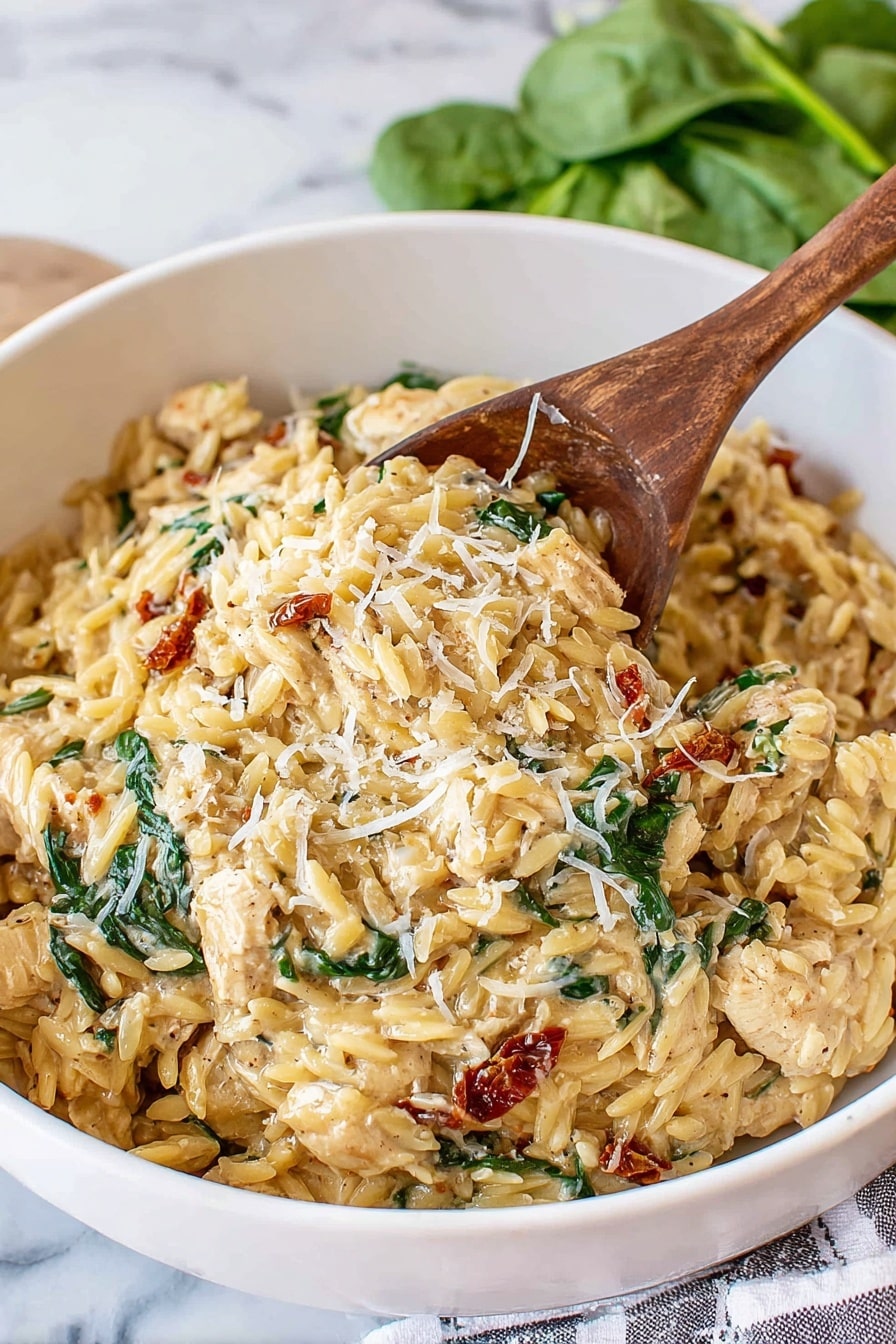 The image shows a white round plate with a creamy pasta dish layered with small pieces of chicken, bits of sun-dried tomatoes, and some dark green spinach leaves scattered throughout. The pasta is a light golden color, coated in a cheesy sauce that looks soft and slightly textured. On top of the pasta, there is a sprinkle of finely grated white cheese. A black-handled fork with a gold neck is placed on the right side of the plate, partly digging into the pasta. In the background, there are several slices of white bread arranged next to some fresh spinach leaves on a white marbled surface, and another white plate with a similar pasta serving is partly visible. A cloth with gray and white stripes is placed on the right side of the image. photo taken with an iphone --ar 2:3 --v 7 - Creamy Tuscan Chicken Orzo, Tuscan chicken slow cooker, easy creamy chicken pasta, Italian chicken and orzo, flavorful slow cooker chicken