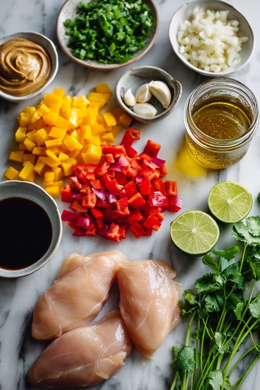 Flat lay of raw chicken breasts, vibrant red diced bell pepper, chopped yellow onion, peeled garlic cloves, a bowl of creamy peanut butter, a small dish of soy sauce, a jar of honey with a golden sheen, fresh green cilantro sprigs, and a halved lime showing its juicy interior, all beautifully arranged on a white marble surface, photo taken with an iphone --ar 2:3 --v 7 - Slow Cooker Peanut Chicken, easy slow cooker chicken recipes, creamy peanut chicken, flavorful chicken dinner, weeknight slow cooker meals