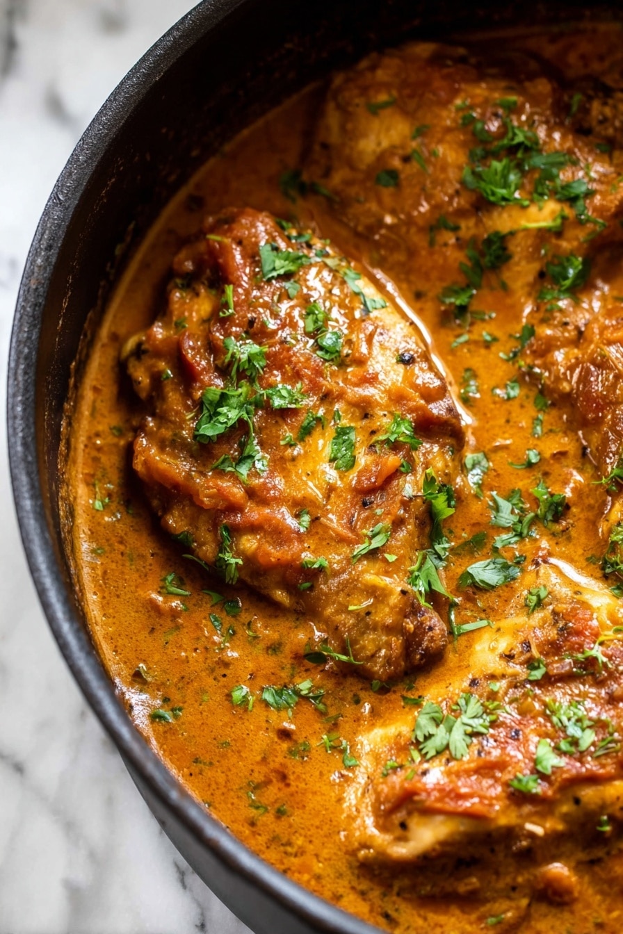 The image shows a close-up of three thick chicken pieces cooked in a rich orange-brown sauce inside a black pot. The sauce looks creamy with small chunks of tomatoes or spices visible throughout. Bright green chopped herbs, likely cilantro, are sprinkled evenly over the chicken and sauce, adding a fresh touch. The chicken pieces are partially covered with the sauce, showing a slightly browned texture beneath. The pot edge is visible, sitting on a white marbled surface. photo taken with an iphone --ar 2:3 --v 7 - Slow Cooker Peanut Chicken, easy slow cooker chicken recipes, creamy peanut chicken, flavorful chicken dinner, weeknight slow cooker meals
