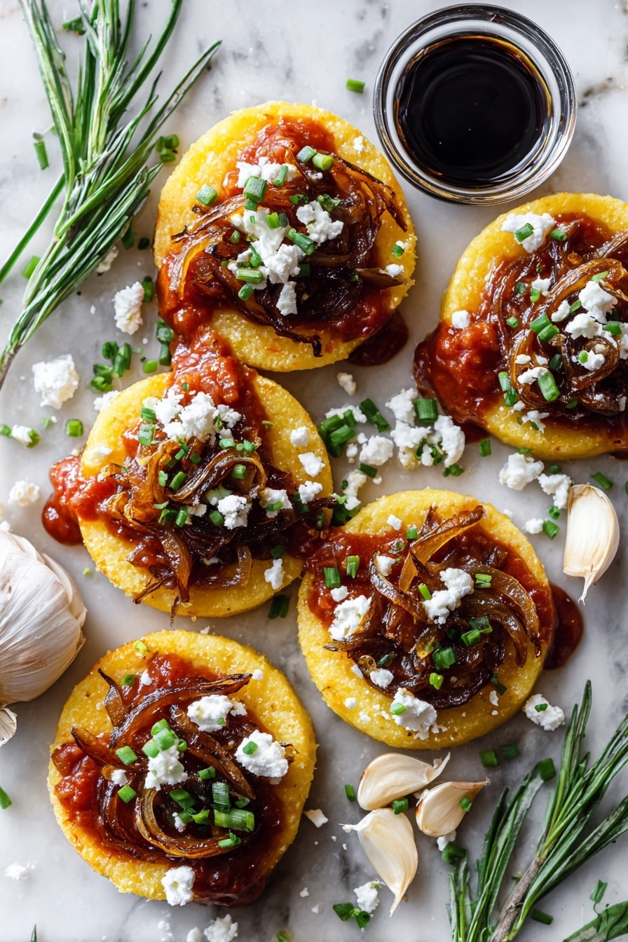 Flat lay of thick golden polenta slices, vibrant red homemade tomato sauce dollops, soft caramelized balsamic onions with a glossy finish, crumbly white feta cheese scattered gently, fresh bright green chopped chives sprinkled around, whole garlic cloves, and a small glass dish of rich dark balsamic vinegar placed on a white marble surface, photo taken with an iphone --ar 2:3 --v 7 - Polenta with Tomato Sauce, Balsamic Onions, Feta, Easy Vegetarian Dinner, Creamy Polenta with Toppings