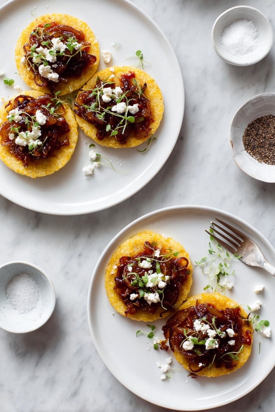 The image shows two white plates on a white marbled surface. Each plate has three small round yellow corn cakes with a slightly crispy edge. On top of each corn cake, there is a layer of red sauce, followed by a layer of dark brown caramelized onions. The onions have a soft and shiny texture. On top of the onions, there are small pieces of crumbly white cheese and tiny green herbs, adding a fresh touch. Around the plates, there are small white bowls with salt and peppercorns, and a silver fork with a white handle rests on the surface near the plates. Photo taken with an iphone --ar 2:3 --v 7 - Polenta with Tomato Sauce, Balsamic Onions, Feta, Easy Vegetarian Dinner, Creamy Polenta with Toppings