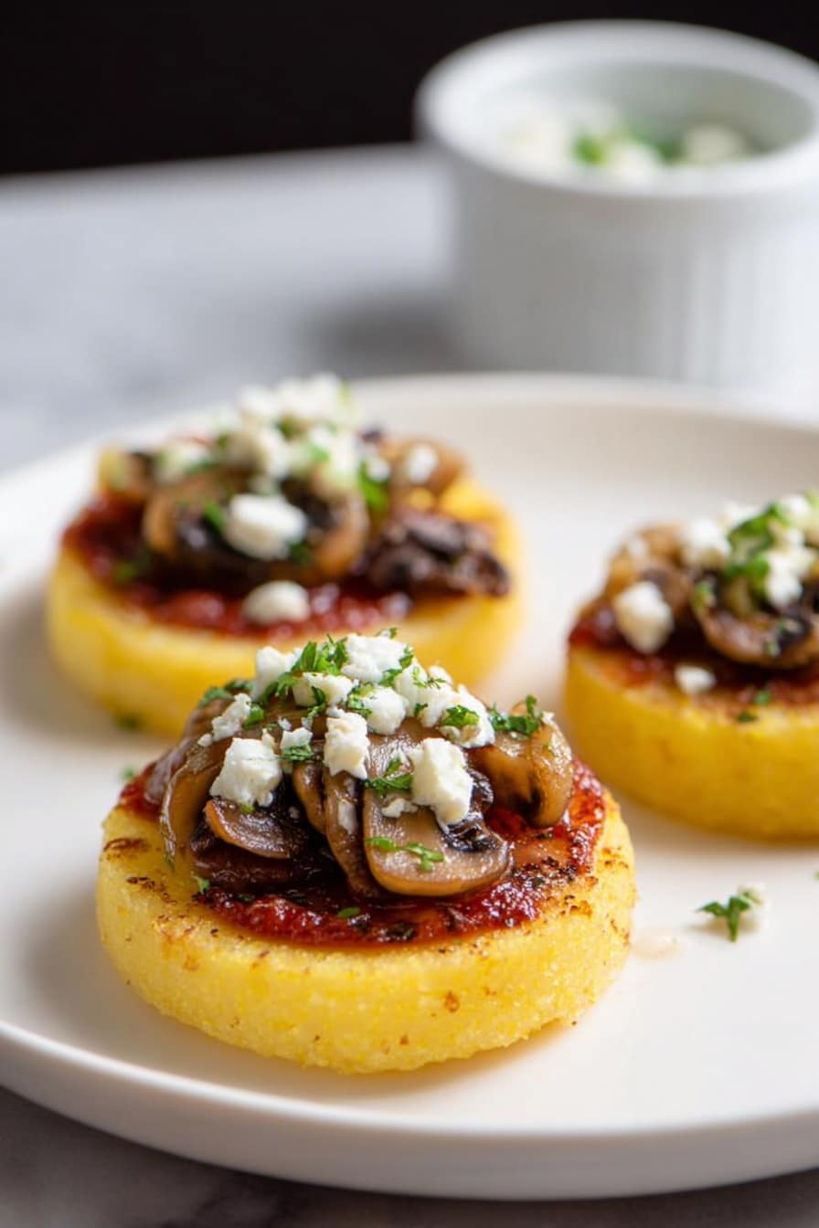 The image shows three round pieces of grilled yellow polenta placed on a white plate with a white marbled background. Each polenta round has a thin layer of red sauce spread on top, followed by a small pile of cooked brown mushrooms. On top of the mushrooms is a crumbly layer of white cheese with small green herb pieces sprinkled over it. A white ramekin is blurred in the background. photo taken with an iphone --ar 2:3 --v 7 - Polenta with Tomato Sauce, Balsamic Onions, Feta, Easy Vegetarian Dinner, Creamy Polenta with Toppings