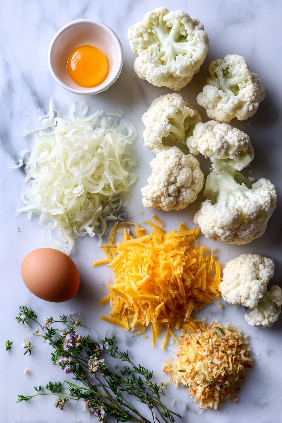Flat lay of fresh cauliflower florets, a cracked egg with a bright yolk, finely diced white onion, shredded parmesan cheese with its pale creamy color, vibrant shredded cheddar cheese, a small pile of golden breadcrumbs, all neatly arranged with some sprigs of fresh herbs, placed on a white marble surface, photo taken with an iphone --ar 2:3 --v 7 - Crispy Baked Cauliflower Tots, healthy cauliflower bites, veggie tots recipe, baked cauliflower snacks, easy cauliflower finger food