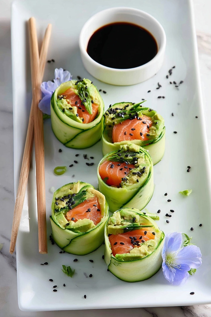The image shows six sushi rolls wrapped in thin green cucumber slices, each roll has three visible layers: the outer layer is fresh, thin cucumber with a light green color and smooth texture, the middle layer is creamy light green avocado, and the innermost layer is bright orange salmon pieces. Black sesame seeds are scattered on top of the rolls and around the white rectangular plate. A small white cup filled with dark soy sauce is placed on the plate near the rolls. Light brown wooden chopsticks rest on the plate next to a small light blue edible flower. The surface beneath the plate is white marble. Photo taken with an iphone --ar 2:3 --v 7 - Smoked Salmon Cucumber Roll with Avocado, smoked salmon appetizer, healthy cucumber roll, easy seafood appetizer, fresh avocado snack