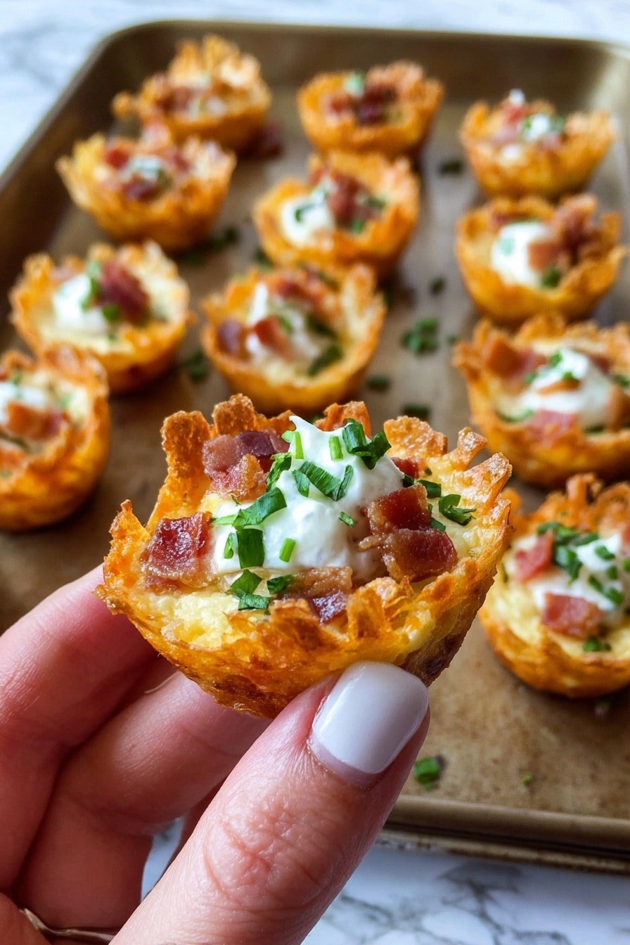The image shows a close-up of a woman's hand holding a small, round, crispy golden brown cup made of baked cheese. Inside the cup, there is a scoop of white creamy topping sprinkled with small pieces of crispy bacon and green chopped herbs. In the background, several more of these cheese cups are arranged in rows on a metal baking tray, all showing similar layers of the crispy cheese shell filled with white cream, bacon bits, and green herbs. The tray is on a surface with a white marbled texture. Photo taken with an iphone --ar 2:3 --v 7 - Tater Tot Appetizer Cups, Tater Tot Cups, Crispy Tater Tot Appetizer, Bite-sized Tater Tot Snacks, Cheesy Bacon Tater Tots