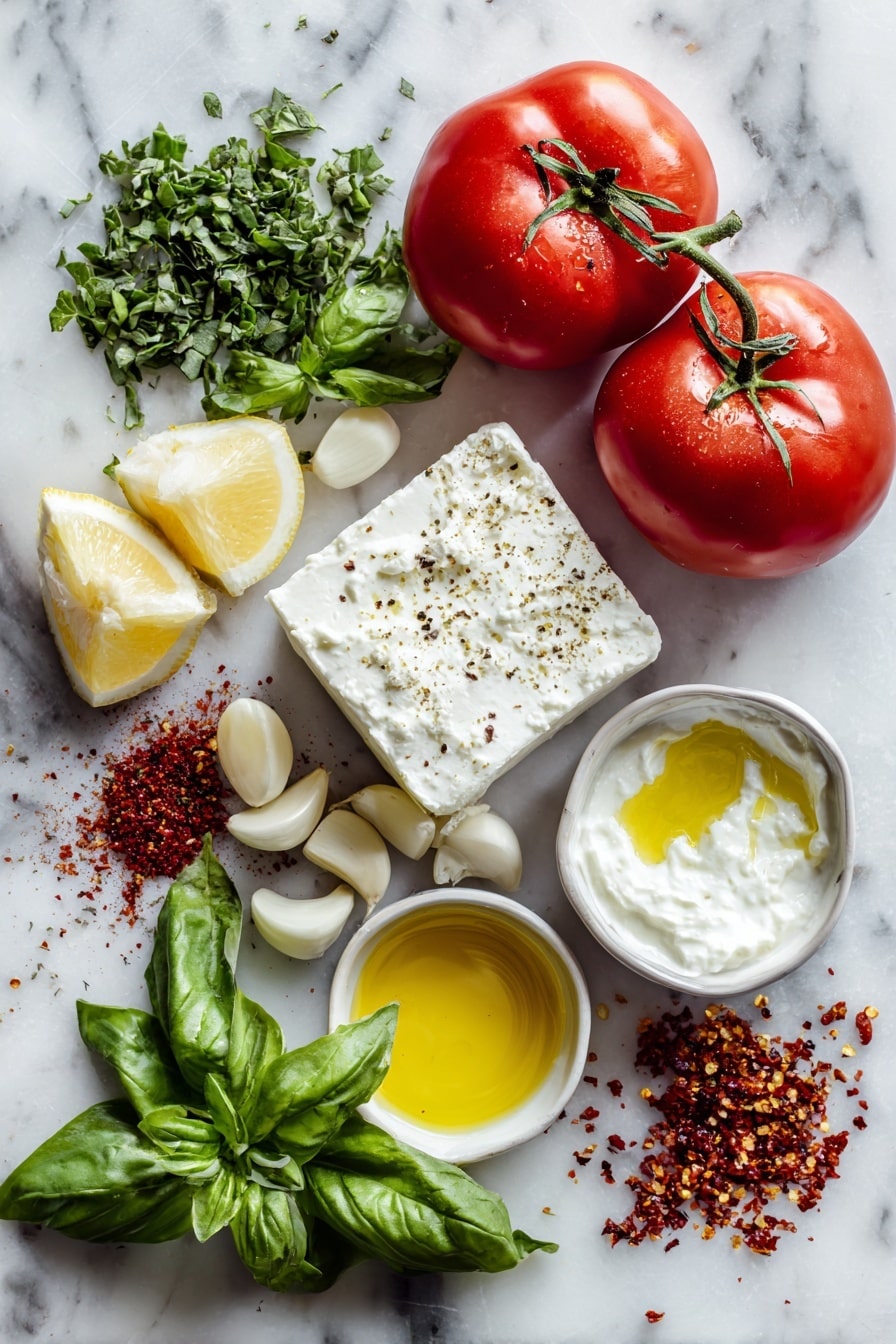 Flat lay of ripe Roma tomatoes cut into small cubes, fresh bright green basil leaves finely chopped, whole garlic cloves and minced garlic pieces scattered nearby, a small dish of deep golden extra virgin olive oil, a glass bottle of dark balsamic vinegar, a crumbly block of white feta cheese with some crumbles around it, a smooth block of cream cheese, a small scoop of thick sour cream, fresh lemon halves with juice glistening on the surface, sprinkled red pepper flakes, and a pile of freshly grated Parmesan cheese, all beautifully arranged on a white marble surface, photo taken with an iphone --ar 2:3 --v 7 - Vibrant Bruschetta Dip with Fresh Tomatoes, Basil, and Creamy Feta, Bruschetta Dip with Fresh Tomatoes and Feta, Easy Tomato Basil Feta Dip, Creamy Vegetable Appetizer, Party Dip with Fresh Herbs