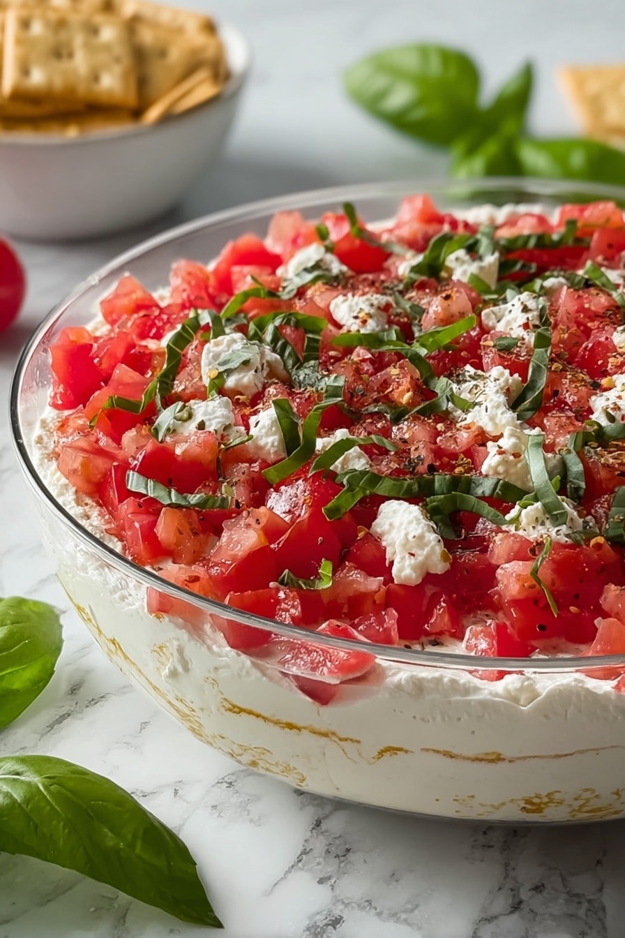 A clear glass bowl holds a layered dip with three visible layers: the bottom layer is white and smooth cream cheese spread evenly around the bowl, topped with a thick layer of bright red diced tomatoes that look fresh and juicy, then sprinkled generously with small white chunks of feta cheese and thinly sliced dark green basil leaves. The top has a light dusting of black pepper and some crumbled white cheese. In the background, there is a white bowl with light tan crackers on a white marbled surface with basil leaves and a lemon wedge nearby. Photo taken with an iphone --ar 2:3 --v 7 - Vibrant Bruschetta Dip with Fresh Tomatoes, Basil, and Creamy Feta, Bruschetta Dip with Fresh Tomatoes and Feta, Easy Tomato Basil Feta Dip, Creamy Vegetable Appetizer, Party Dip with Fresh Herbs