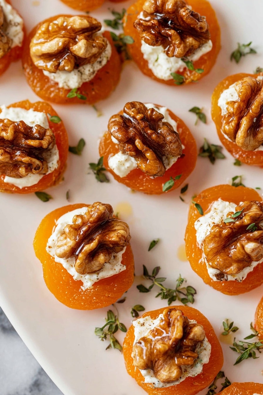 The image shows several bite-sized snacks arranged closely on a white plate placed on a white marbled surface. Each snack has three layers: the bottom layer is a bright orange dried apricot with a smooth texture, the middle layer is a dollop of creamy white cheese spread, and the top layer is a large, textured walnut half sitting firmly on the cheese. Tiny green herb leaves, likely thyme, are scattered around and on some snacks, adding a touch of color. Some small drops of honey or glaze can be seen on the walnuts and plate, giving a shiny, sticky look. Photo taken with an iphone --ar 2:3 --v 7 - Elegant Apricot and Goat Cheese Appetizers, Apricot and Goat Cheese Hors d'Oeuvres, Sweet and Savory Appetizer Bites, Quick Elegant Appetizer Ideas, No-Cook Party Appetizers