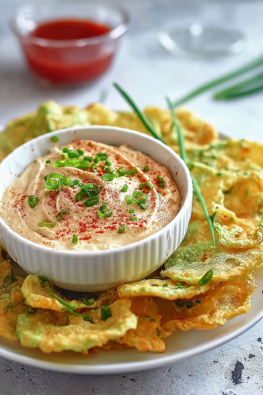 A white bowl filled with smooth, creamy dip topped with a light sprinkle of red powder and finely chopped green herbs sits in the center of a white plate. Around the bowl, there are many light green and golden chips with a slightly bumpy texture, some showing patches of melted orange cheese. Two longer green herb stems stick out from the dip, adding height. In the background, there is a blurry glass container with red powder. The surface beneath everything has a white marbled texture. photo taken with an iphone --ar 2:3 --v 7 - Deviled Eggs Dip, easy deviled eggs dip, creamy egg dip, party appetizer dip, quick snack recipe