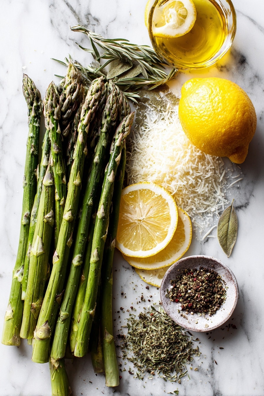 Flat lay of fresh green asparagus spears, bright yellow lemon wedges, small piles of grated Parmesan cheese, a scattering of dried oregano leaves, and a drizzle of golden extra virgin olive oil, all beautifully arranged with a touch of coarse sea salt and cracked black pepper crystals, placed on a white marble surface, photo taken with an iphone --ar 2:3 --v 7 - Garlic Parmesan Roasted Asparagus, roasted asparagus side dish, garlic asparagus recipe, healthy asparagus recipes, easy vegetable sides