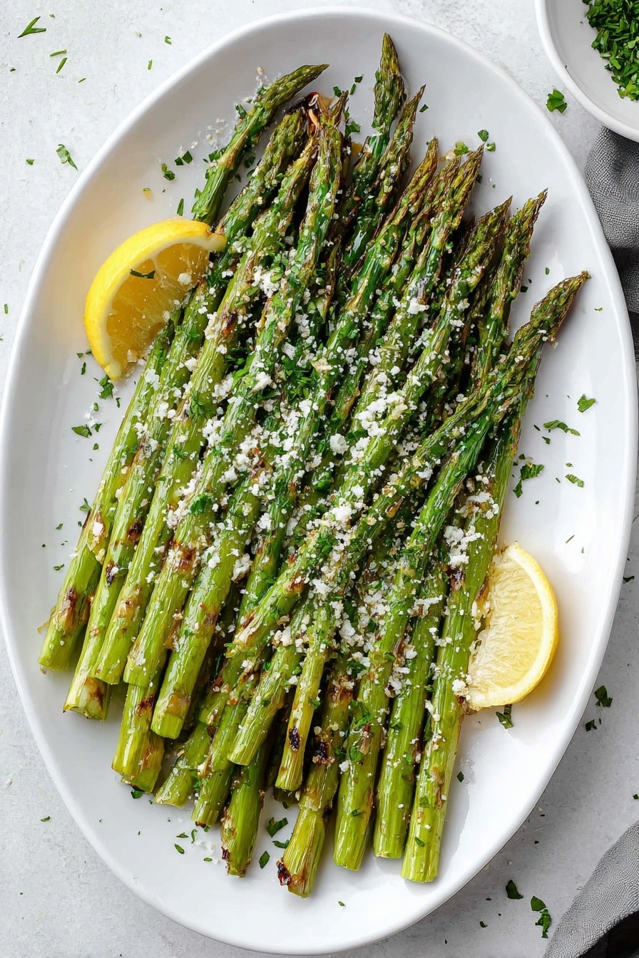 A white oval plate holds a neat stack of grilled green asparagus spears arranged in two rows. The asparagus tips are slightly charred with dark green and brown marks, giving a toasted look. Sprinkled over the top are small white sesame seeds and finely chopped green herbs, adding texture and color contrast. Two lemon wedges with bright yellow peel and pale yellow flesh sit on the plate edges for garnish. The plate is placed on a white marbled surface. photo taken with an iphone --ar 2:3 --v 7 - Garlic Parmesan Roasted Asparagus, roasted asparagus side dish, garlic asparagus recipe, healthy asparagus recipes, easy vegetable sides