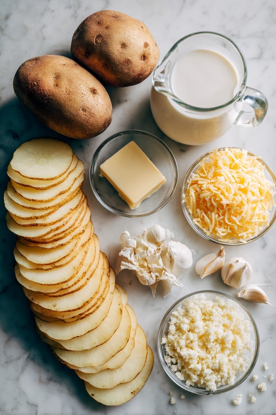 Flat lay of thinly sliced Russet and Yukon Gold potatoes neatly fanned out beside piles of freshly grated sharp cheddar and finely grated parmesan cheese, a small pat of creamy butter resting beside aromatic minced garlic cloves, next to a glass jug of thick heavy cream, all arranged with care on a white marble surface, photo taken with an iphone --ar 2:3 --v 7 - Easy Cheesy Scalloped Potatoes, cheesy scalloped potatoes, creamy potato side dish, garlic scalloped potatoes, comfort food side recipes