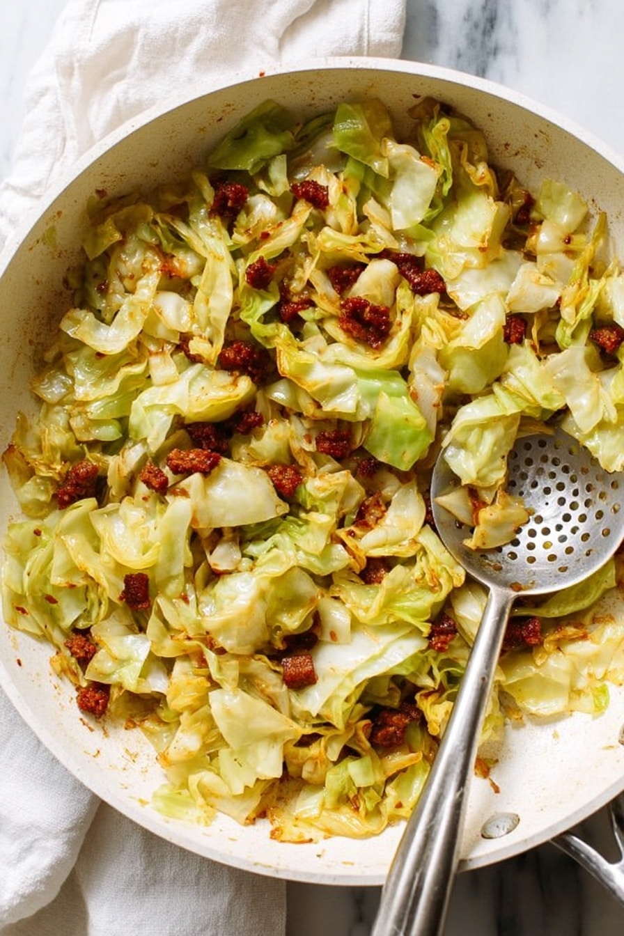 In the image, there is a white frying pan filled with cooked cabbage and small pieces of browned meat mixed throughout. The cabbage looks soft with a mix of pale green and yellow colors, showing some cooked edges. The browned meat is scattered evenly, adding dark reddish-brown spots across the dish. A metal slotted spoon with some food stuck on it rests inside the pan on the right side. The frying pan is placed on a white marbled surface with a white cloth partially visible on the left. Photo taken with an iphone --ar 2:3 --v 7 - Easy Fried Cabbage, fried cabbage side dish, crispy bacon cabbage, quick cabbage recipes, comforting vegetable side
