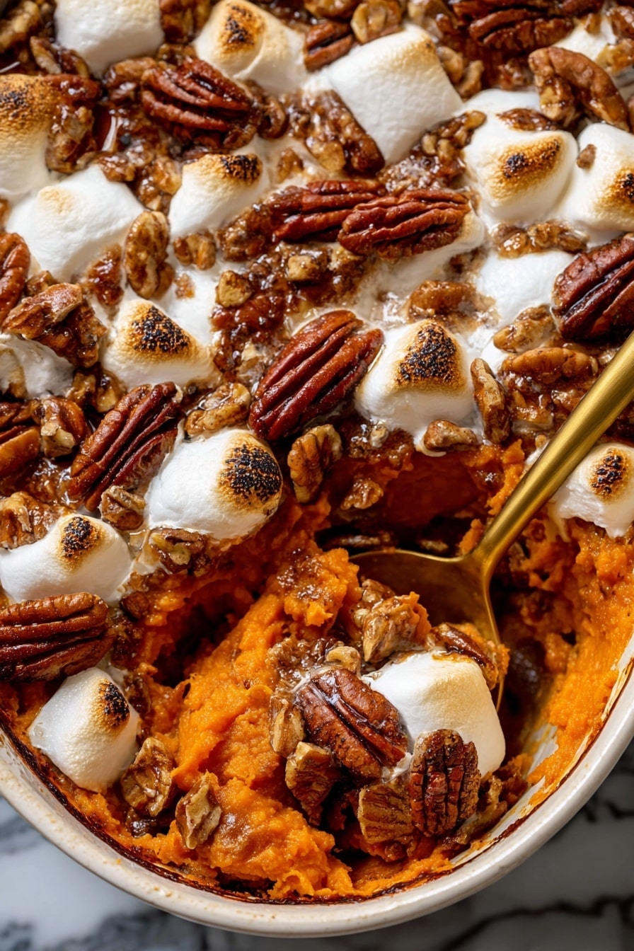 The image shows a close-up of a cooked sweet potato dish in a white pot. The bottom layer is soft, mashed orange sweet potato with some darker bits mixed in. On top, there are large toasted white marshmallows that are slightly melted. Scattered all over the dish are whole, shiny brown pecans. A golden spoon is scooping some of the mashed sweet potato mixture from the side of the pot. The background has a white marbled texture. Photo taken with an iphone --ar 2:3 --v 7 - Southern Maple Sweet Potato Casserole, sweet potato casserole with maple syrup, holiday sweet potato side dish, baked sweet potato casserole, easy sweet potato casserole recipe