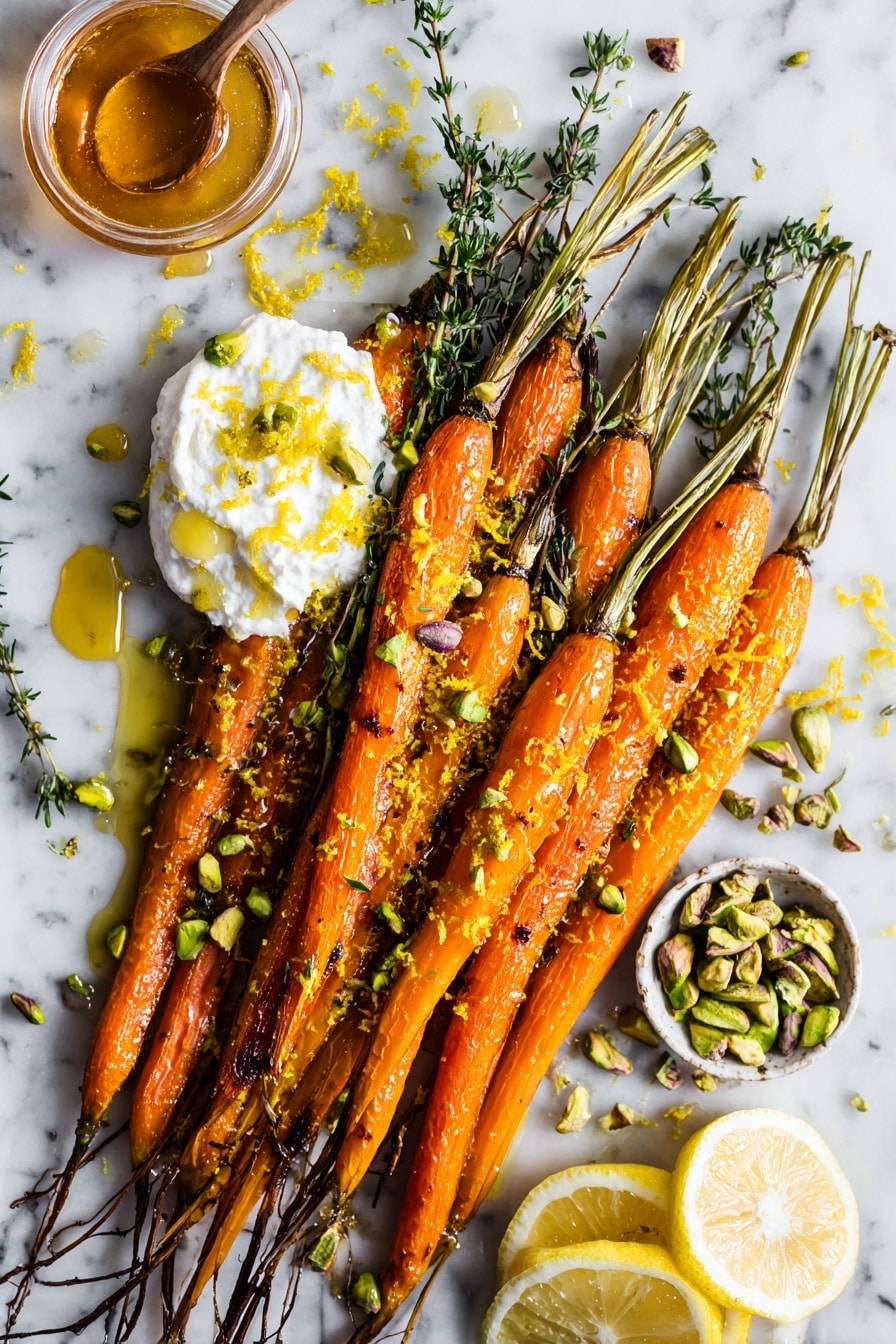 Flat lay of bright orange roasted carrots with fresh green thyme sprigs, a dollop of creamy white ricotta cheese, a small drizzle of golden hot honey, bright yellow lemon zest, fresh lemon slices, and a handful of green chopped pistachios, all beautifully arranged with a few olive oil droplets glistening, placed on a white marble surface, photo taken with an iphone --ar 2:3 --v 7 - Roasted Carrots with Whipped Ricotta and Hot Honey, roasted carrot side dish, caramelized carrots with ricotta, hot honey drizzle recipe, easy roasted vegetable recipes
