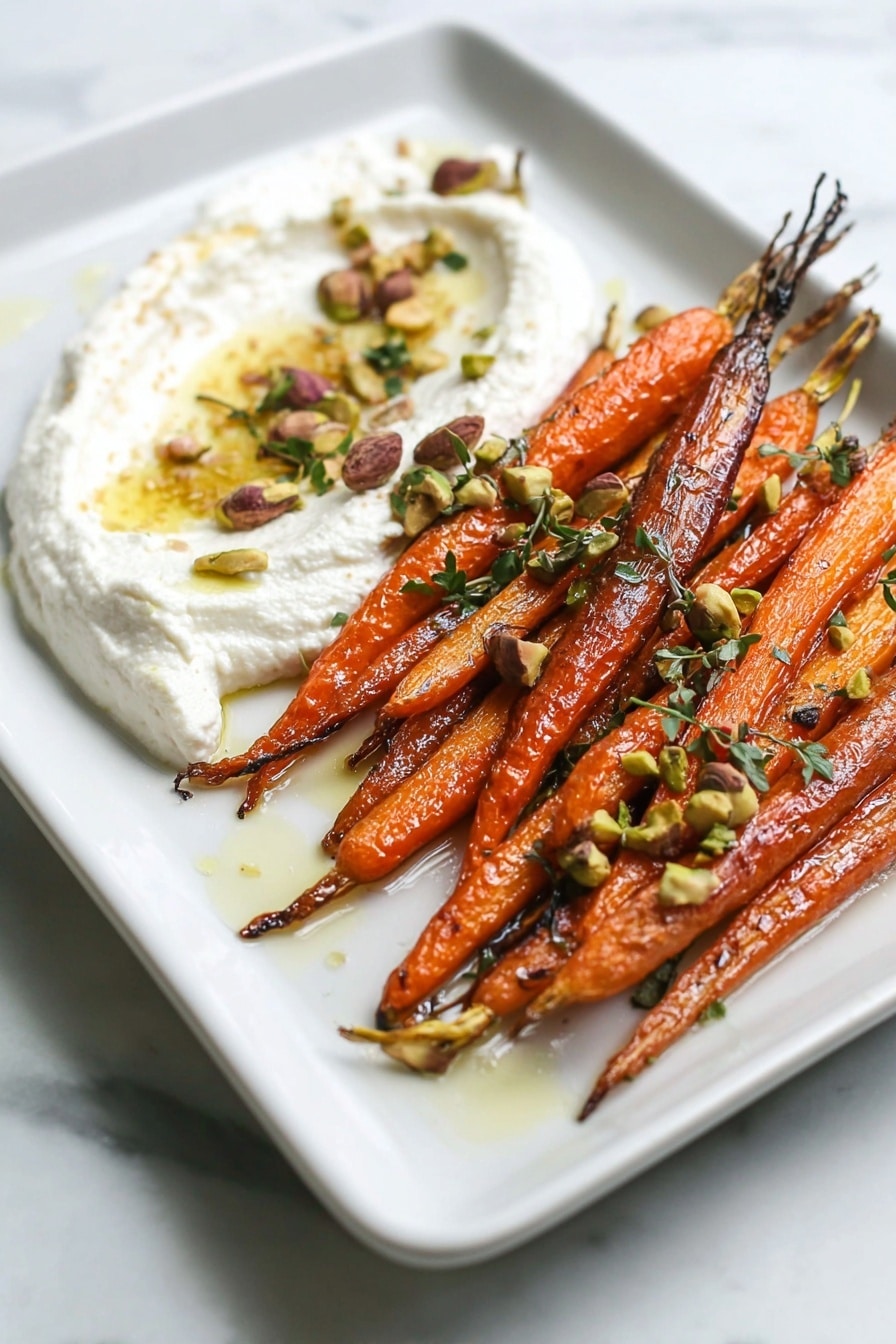 A white square plate on a white marbled surface holds a neat pile of roasted carrots with their tops on. The carrots vary in color from bright orange to dark purple and light tan, arranged side by side in a slightly angled line across the plate. On the bottom left corner of the plate is a dollop of thick, creamy white sauce, partially covered by the carrots. Scattered over the carrots and sauce are small pieces of green and brown nuts, with tiny fresh herb leaves sprinkled across. A light drizzle of oil adds a shine to the carrots and sauce, enhancing the warm roasted colors. photo taken with an iphone --ar 2:3 --v 7 - Roasted Carrots with Whipped Ricotta and Hot Honey, roasted carrot side dish, caramelized carrots with ricotta, hot honey drizzle recipe, easy roasted vegetable recipes