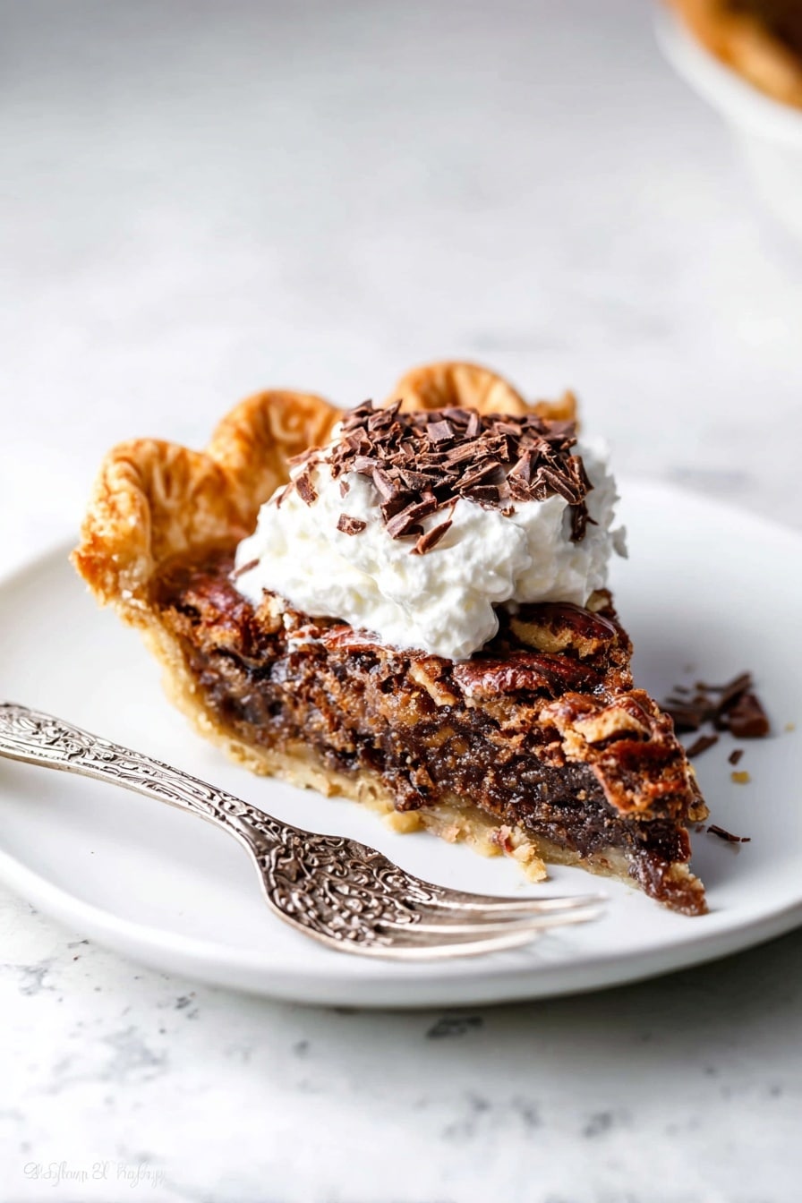 A slice of pecan pie with three main layers is sitting on a white plate on a white marbled surface. The bottom layer is a golden-brown flaky crust that forms the base and edge, which looks crispy and slightly crimped on the side. The middle layer is a rich dark brown filling with visible whole pecans embedded, showing a crunchy texture. On top is a dollop of white whipped cream, crowned with dark brown chocolate shavings that add texture and contrast. Next to the pie is a silver fork with an intricate floral pattern, holding a small piece of pie and whipped cream. Photo taken with an iphone --ar 2:3 --v 7 - Dark Chocolate Pecan Pie, chocolate pecan pie, decadent pecan pie, holiday pecan pie, chocolate dessert recipe