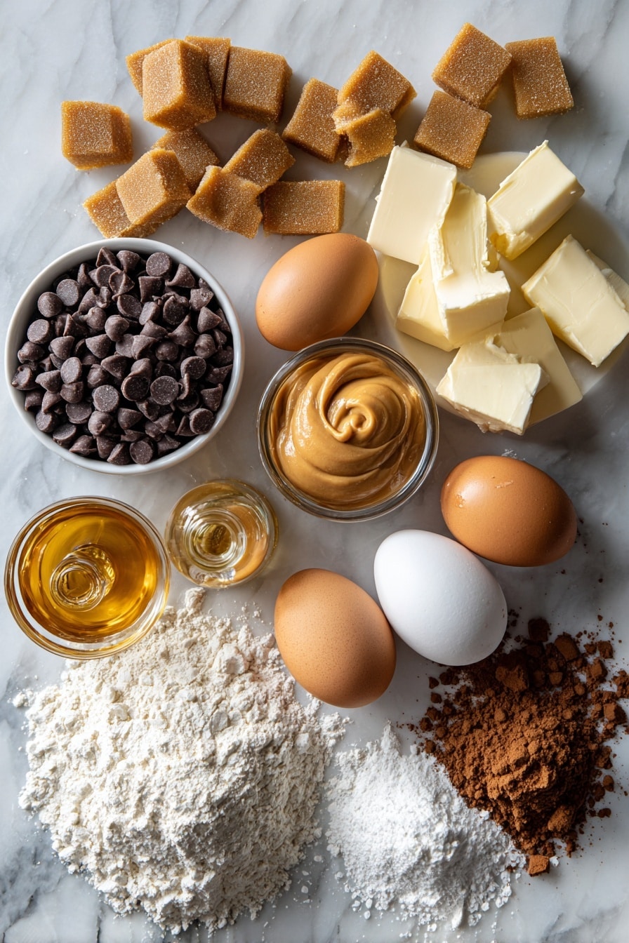 Flat lay of semi-sweet chocolate chips scattered next to soft caramel squares, rich brown sugar piles, smooth peanut butter dollops, chunks of butter, a heap of pale all-purpose flour, a couple of fresh brown eggs, and a small bottle of golden vanilla extract, all beautifully arranged on a white marble surface, photo taken with an iphone --ar 2:3 --v 7 - Knock You Naked Bars, no-bake cookie bars, caramel peanut butter bars, easy dessert bars, layered sweet treats