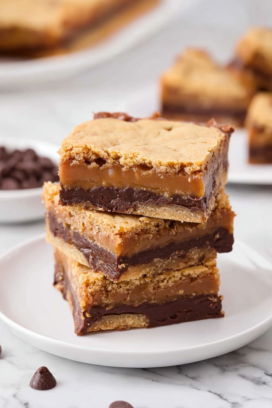 A close-up view of a square cookie bar resting on white parchment paper over a white marbled surface. The bar has three visible layers: the top layer is a golden brown, slightly cracked cookie crust with a rough texture and some darker brown spots from baked chocolate chips. The middle layer is thick, glossy, and rich melted chocolate mixed with smooth caramel, showing a gooey texture. The bottom layer is a darker, dense baked crust with embedded chocolate bits. Some small caramel and chocolate smudges appear on the parchment paper in front of the bar. Photo taken with an iphone --ar 2:3 --v 7 - Knock You Naked Bars, no-bake cookie bars, caramel peanut butter bars, easy dessert bars, layered sweet treats