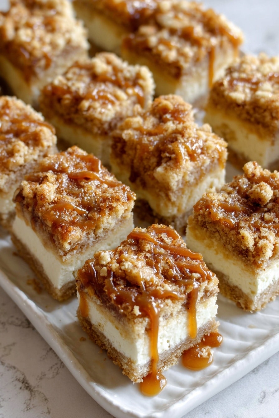 The image shows a close-up of a white decorative tray filled with square pieces of a crumbly dessert. Each piece has three layers: the bottom layer is a soft, light beige cake; the middle layer is creamy and pale; the top layer has a golden brown crumbly texture sprinkled with small oat-like chunks. A golden caramel sauce is drizzled on top, giving a shiny look and some drip marks on the sides. The tray is placed on a white marbled surface. Photo taken with an iphone --ar 2:3 --v 7 - Caramel Apple Cheesecake Bars, fall dessert recipes, apple dessert bars, creamy cheesecake bars, caramel apple bars