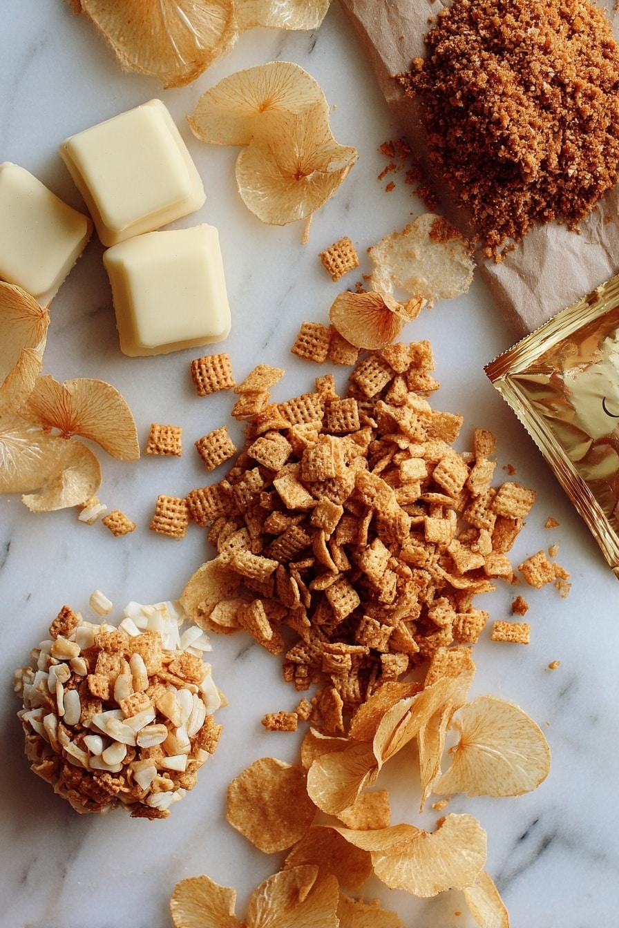 Flat lay of creamy vanilla candy melts, golden caramel frosting mix packet, crisp rice Chex cereal clusters, toasted dry apple cake mix with a crumbly texture, scattered crunchy apple chips in light amber tones, all beautifully arranged with warm autumn colors, placed on a white marble surface, photo taken with an iphone --ar 2:3 --v 7 - Caramel Apple Puppy Chow, fall snack recipes, easy puppy chow ideas, caramel apple treats, sweet crunchy snacks