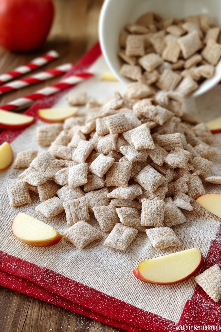 The image shows three views of a snack made of small, square pillow-shaped pieces dusted with white powder and mixed with thin, dried apple slices, all placed on a beige cloth on a wooden surface. The main close-up view features a pile of the snack scattered in front of a tilted, silver measuring cup spilling more pieces. The bottom left view shows the snack inside a small white and red takeout-style box set on the same beige cloth with some pieces spilled around. The bottom right view displays the red box closed and wrapped neatly with a shiny gold ribbon tied into a bow. The background and surface are a white marbled texture with red, white striped straws partially visible. Photo taken with an iphone --ar 2:3 --v 7 - Caramel Apple Puppy Chow, fall snack recipes, easy puppy chow ideas, caramel apple treats, sweet crunchy snacks