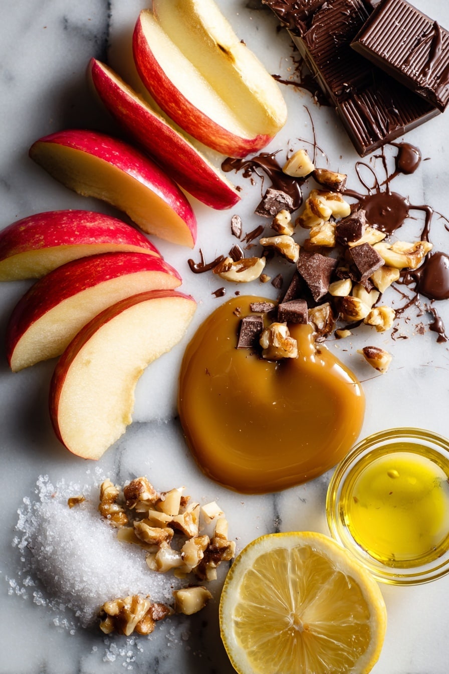Flat lay of glossy red apple slices fanned out next to a small pool of smooth golden caramel sauce, a drizzle of dark melted chocolate weaving delicately across the caramel, chunks of chopped nuts scattered artistically around, a pat of creamy unsalted butter melting softly beside a small mound of granulated sugar crystals, and a splash of vibrant lemon juice in a tiny glass drop, all placed on a white marble surface, photo taken with an iphone --ar 2:3 --v 7 - Caramel Apple Slices with Chocolate Drizzle and Nuts, apple dessert ideas, fall treat recipes, easy caramel apple snacks, chocolate nut apple slices