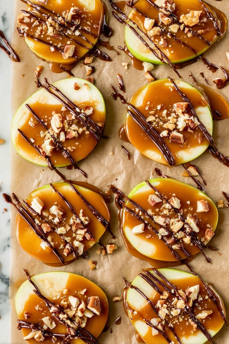 The image shows several thin apple slices laid out in rows on a light brown parchment paper over a white marbled surface. Each apple slice is covered with a smooth, shiny layer of golden caramel that drips slightly over the edges. On top of the caramel, there are small, uneven pieces of chopped nuts sprinkled across the slices, adding a rough texture. Thin, dark chocolate drizzles are scattered unevenly over the nuts and caramel, creating thin lines that move in different directions. The combination of the green apple edges, warm caramel, creamy nuts, and glossy dark chocolate creates a colorful and textured look. photo taken with an iphone --ar 2:3 --v 7 - Caramel Apple Slices with Chocolate Drizzle and Nuts, apple dessert ideas, fall treat recipes, easy caramel apple snacks, chocolate nut apple slices
