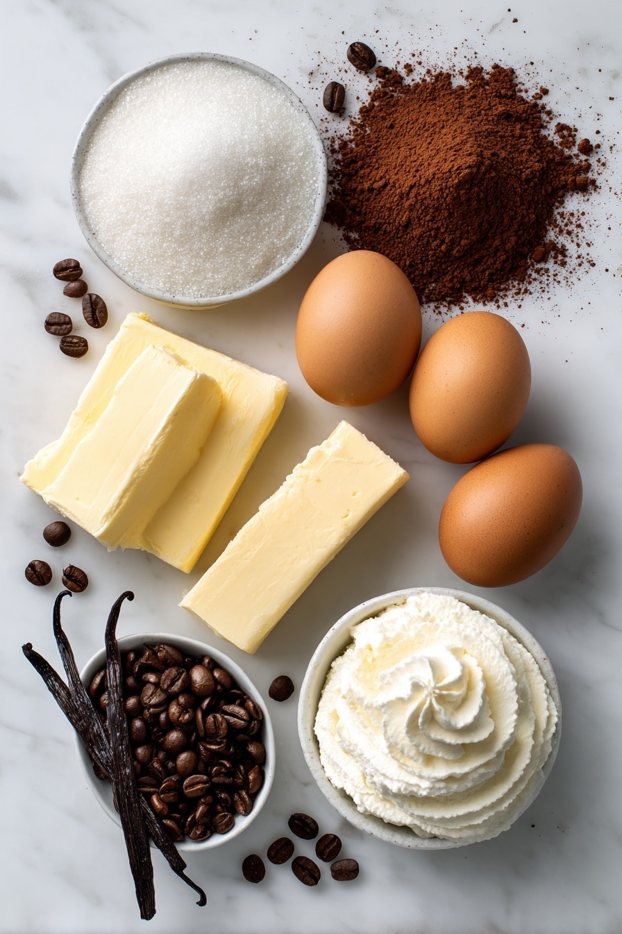 Flat lay of unsalted butter sticks, granulated sugar crystals, large brown eggs, a small dish of rich unsweetened cocoa powder, scattered instant coffee granules, smooth vanilla beans, fluffy powdered sugar, and a small pile of heavy whipping cream droplets, all beautifully arranged with a couple of coffee beans for contrast, placed on a white marble surface, photo taken with an iphone --ar 2:3 --v 7 - Frosted Coffee Brownies, coffee brownies, chocolate coffee dessert, fudgy coffee brownies, easy coffee brownies