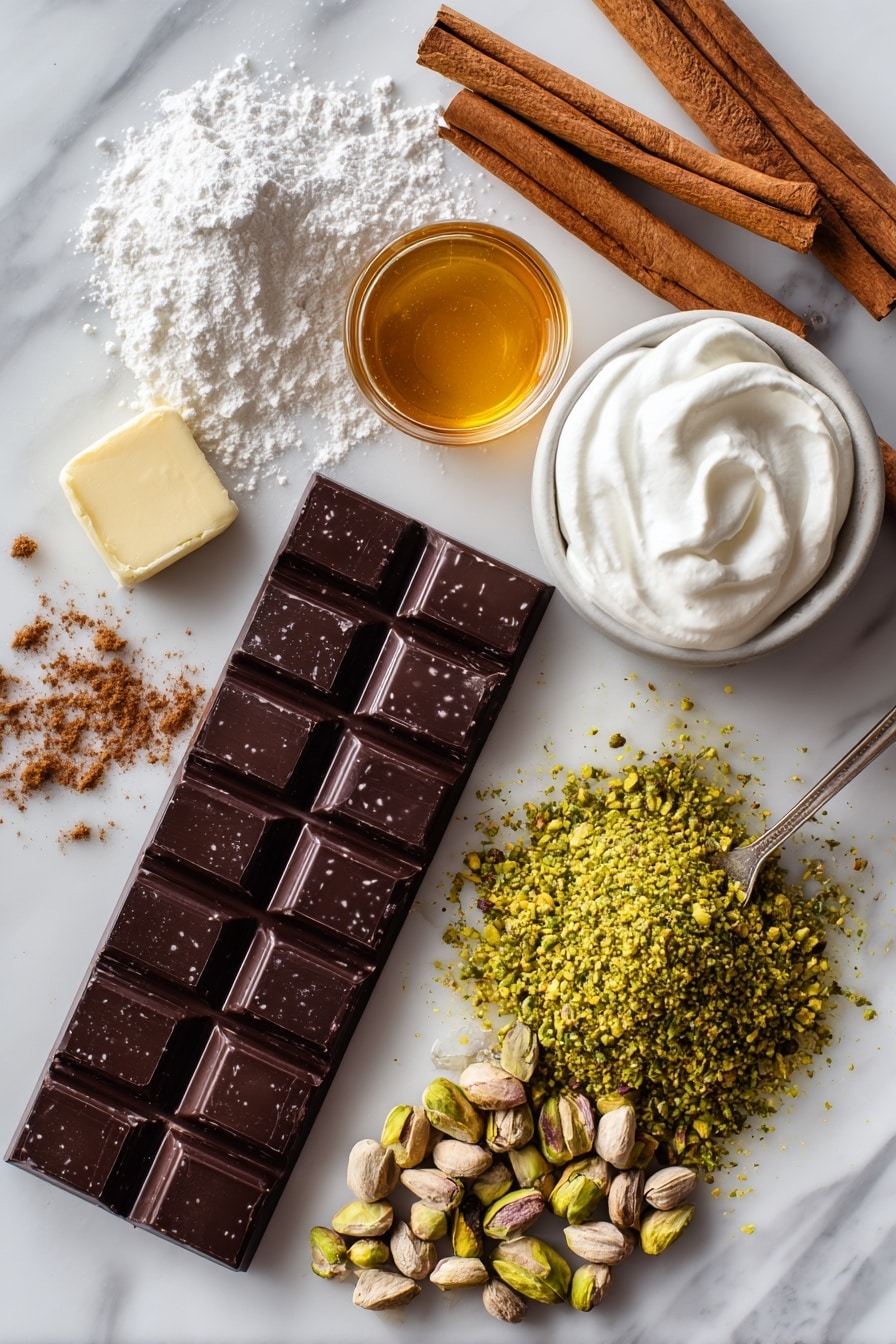 Flat lay of a rich dark chocolate bar broken into pieces, a small pat of creamy butter, a heap of vibrant green pistachios both whole and chopped, a dusting of fine powdered sugar, warm golden croissants with flaky layers, a smooth swirl of white ricotta cheese, a dollop of thick whipped heavy cream, a drizzle of golden honey, and a sprinkle of warm brown cinnamon sticks, all beautifully arranged on a white marble surface, photo taken with an iphone --ar 2:3 --v 7 - Chocolate Pistachio Croissants with Ricotta and Honey, flaky pastry with chocolate and pistachios, easy homemade croissants with ricotta and honey, gourmet breakfast pastries, pistachio and chocolate pastry ideas