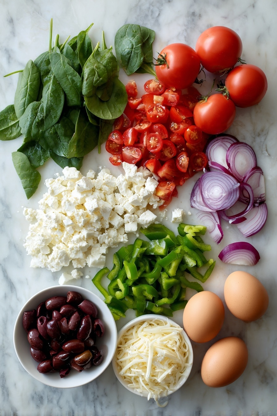 Flat lay of fresh whole tomatoes and diced tomatoes, bright green diced bell peppers, fresh spinach leaves, Kalamata olives with deep purple hues, thinly sliced red onions, creamy white cottage cheese, crumbled feta cheese, shredded mozzarella cheese, and three large brown eggs, all beautifully arranged in a balanced composition, placed on a white marble surface, photo taken with an iphone --ar 2:3 --v 7 - Egg Tortilla Bake 2 Ways, breakfast baked eggs with tortillas, easy breakfast casserole, versatile brunch recipes, quick egg and cheese bake