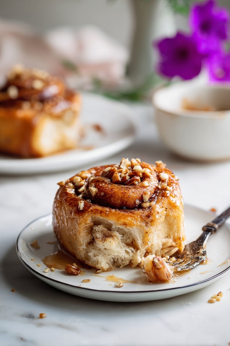 A soft cinnamon roll is placed on a round white plate with a thin black line near the edge, sitting on a white marbled surface. The cinnamon roll has multiple layers of dough, visible with a warm golden brown and cinnamon color, and is topped with small pieces of chopped nuts giving it a crunchy texture. A small piece of the roll is held with a silver fork with a black handle, showing a moist, sticky interior with bits of cinnamon and nuts. Slight sauce or glaze is dripping and pooling lightly on the plate. In the background, another white plate with a cinnamon roll and a white bowl with a golden rim are slightly blurred, and there's a purple flower on the right side. Photo taken with an iphone --ar 2:3 --v 7 - Baklava Cinnamon Rolls, Nutty Cinnamon Roll Recipe, Easy Baklava-Style Rolls, Honey and Nut Cinnamon Rolls, Unique Breakfast Treats