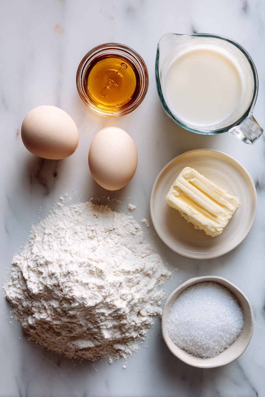 Flat lay of two fresh eggs with smooth shells, a small glass jar of golden pure vanilla extract, a half cup of melted butter glistening in a shallow dish, a small pile of white granulated sugar crystals, a heap of all-purpose flour with a light dusting around it, a few teaspoons of baking powder in a neat mound, and a clear measuring cup filled with creamy milk, all beautifully arranged with soft natural light, placed on a white marble surface, photo taken with an iphone --ar 2:3 --v 7 - Classic Fluffy Waffle, fluffy waffle recipe, best waffle recipe, easy waffle recipe, homemade waffles