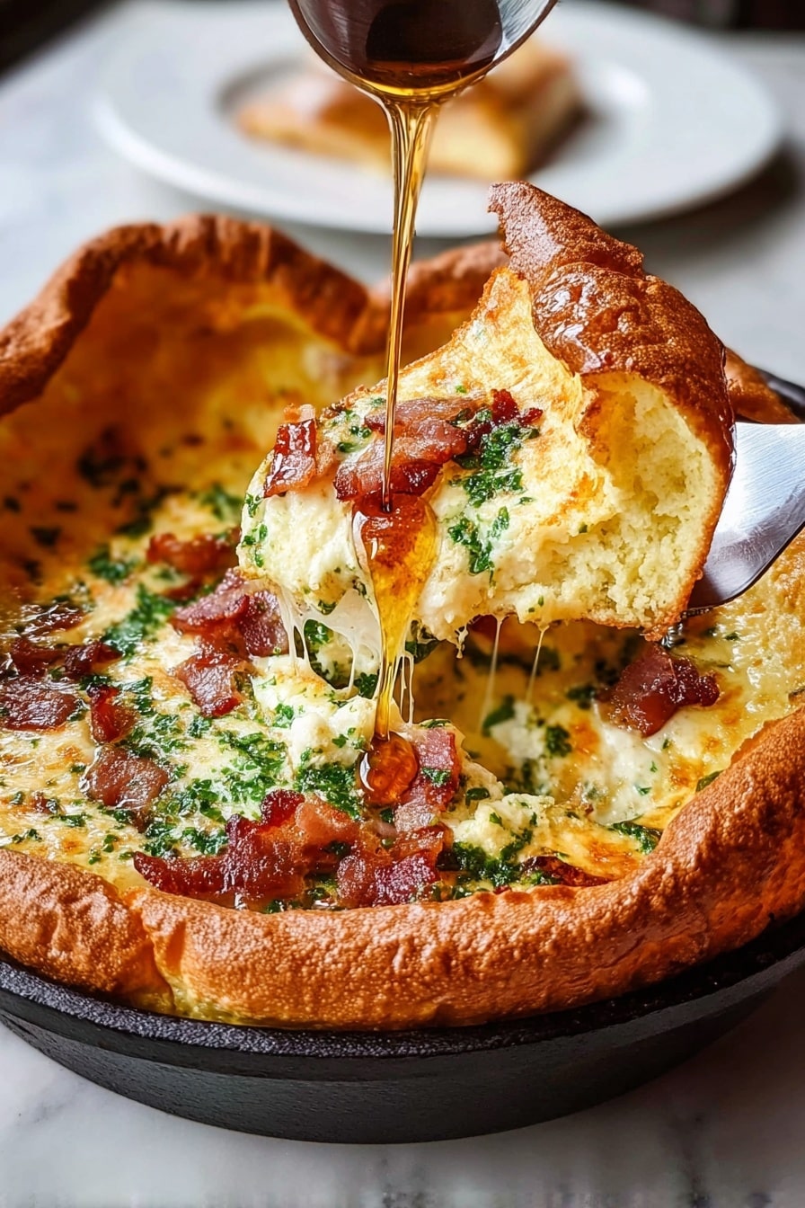 The image shows a golden-brown, fluffy Dutch baby pancake in a black cast iron skillet. The thick outer edge is puffed and crispy, with a rich golden color. Inside, there are layers of melted white cheese mixed with green herbs spread throughout the creamy center. Small pieces of crispy, browned bacon are scattered across the top. A slice is being lifted with a silver spatula, showing stretchy melted cheese dripping down. A rich amber syrup is being poured onto the slice, adding shine and moisture. The skillet sits on a white marbled surface with another white plate blurred in the background. photo taken with an iphone --ar 2:3 --v 7 - Savory Cheddar & Bacon Dutch Baby, Dutch Baby with Cheddar and Bacon, Easy Savory Dutch Baby Recipe, Cheddar Bacon Pancake, Brunch Dutch Baby