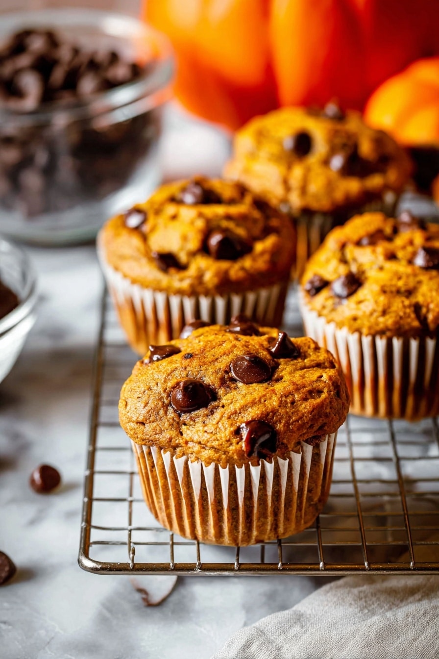 The image shows several pumpkin chocolate chip muffins placed on a metal cooling rack over a white marbled surface. Each muffin has a golden-brown top with a slightly rough texture and is dotted with melted dark chocolate chips that create small, shiny black patches. The muffins are wrapped in white paper liners with subtle ridges visible. In the background, there is a clear glass bowl filled with more chocolate chips, and to the side, a large orange pumpkin adds a vibrant pop of color, slightly blurred for depth. The lighting highlights the warm, cozy tones of the muffins. Photo taken with an iphone --ar 2:3 --v 7 - Pumpkin Chocolate Chip Muffins, pumpkin muffin recipes, fall dessert ideas, easy pumpkin muffins, chocolate chip muffin recipe