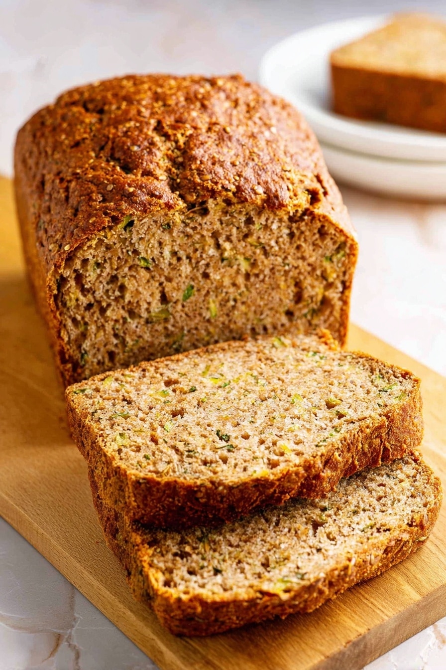 The image shows three slices of brown bread with a rough, slightly crumbly texture and small green and darker specks inside, arranged on a light wooden board. In the background, part of the loaf with a darker, crispy crust is visible on the left, and on the right, a white plate holds another slice of the bread. The surface beneath is white marble with soft grey veins. The bread crumb is dense and moist-looking with small holes scattered throughout. photo taken with an iphone --ar 2:3 --v 7 - Banana Zucchini Bread, healthy banana zucchini bread, moist zucchini banana bread, easy zucchini banana bread recipe, delicious banana zucchini loaf