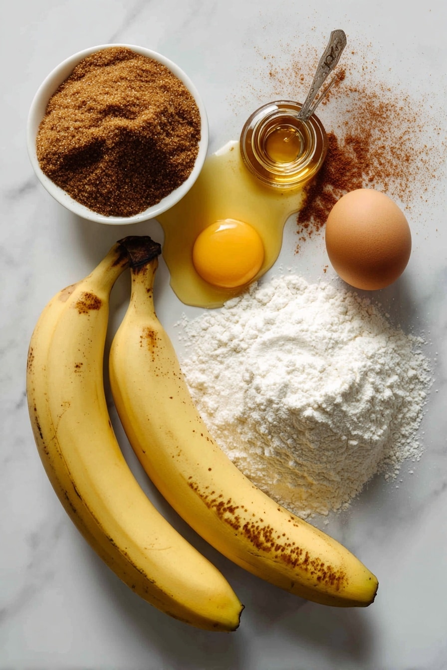 Flat lay of three overripe bananas with brown spots, a small pool of melted golden butter, a neat pile of light brown sugar crystals, a whole raw egg with smooth shell, a small glass vial of vanilla extract, a heap of fine white flour, a sprinkle of warm brown ground cinnamon, and a small mound of baking soda powder, all beautifully arranged on a white marble surface, photo taken with an iphone --ar 2:3 --v 7 - One-Bowl Banana Bread, quick banana bread recipe, easy banana bread, moist banana bread, beginner-friendly banana bread