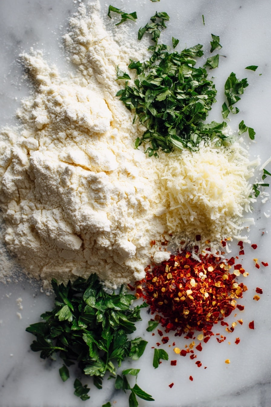 Flat lay of a fresh baguette sliced in half, smooth garlic butter spread generously, a small pile of grated Parmesan cheese, bright green chopped parsley, and scattered red pepper flakes, all beautifully arranged to show texture and color contrasts, placed on a white marble surface, photo taken with an iphone --ar 2:3 --v 7 - Garlic Parmesan Baguette with Parsley and Red Pepper Flakes, Garlic Parmesan Baguette, Parmesan Garlic Baguette Recipe, Easy Garlic Breadside, Flavored Baguette