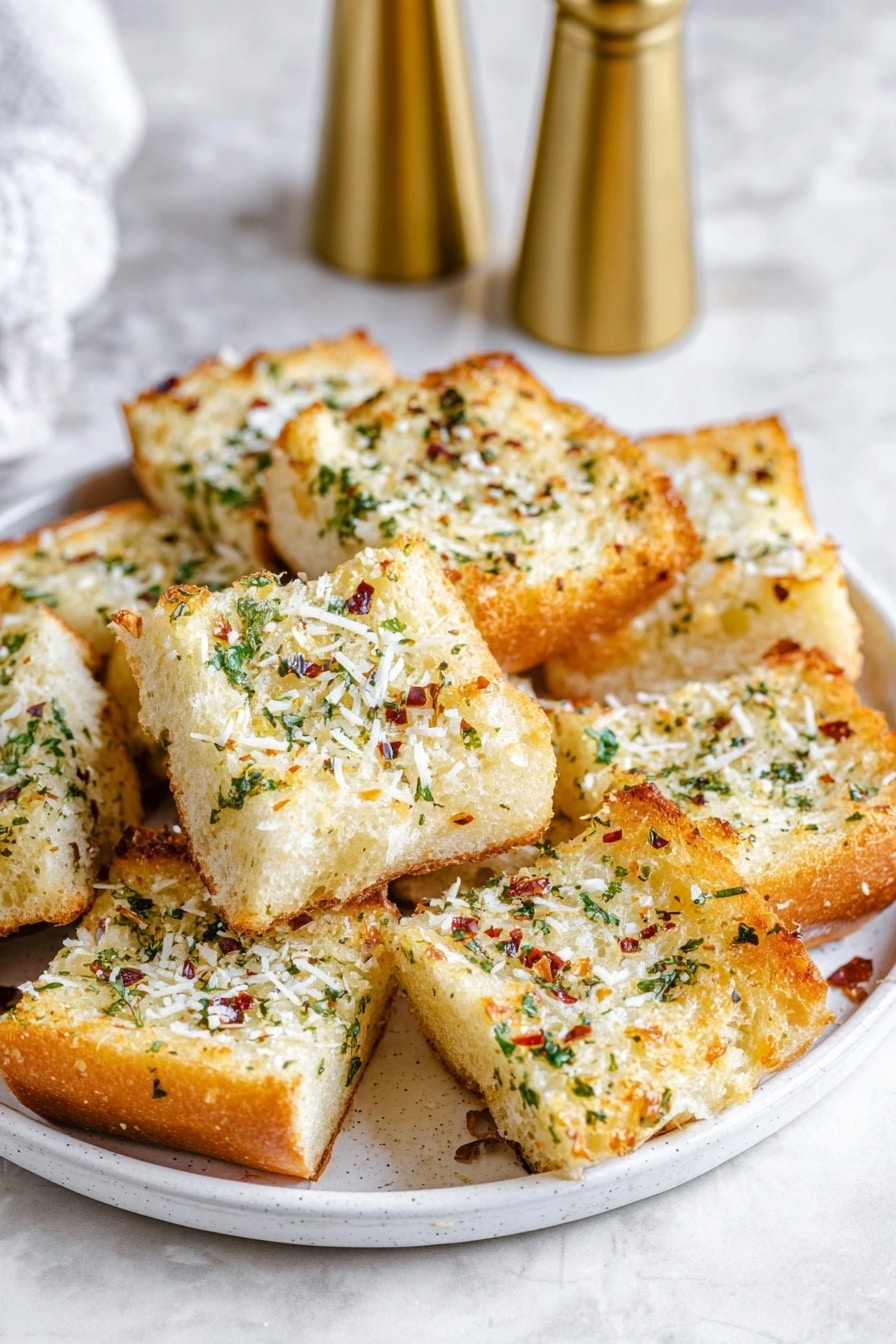 This image shows several square pieces of toasted bread stacked on a white speckled plate. Each piece has a golden brown crust on the outside with a soft light yellow inside. The top parts are covered with small green herb bits, tiny red flakes, and white shredded cheese, giving a textured look. The bread looks slightly crispy on top with some air holes visible inside. The plate sits on a white marbled surface. photo taken with an iphone --ar 2:3 --v 7 - Garlic Parmesan Baguette with Parsley and Red Pepper Flakes, Garlic Parmesan Baguette, Parmesan Garlic Baguette Recipe, Easy Garlic Breadside, Flavored Baguette