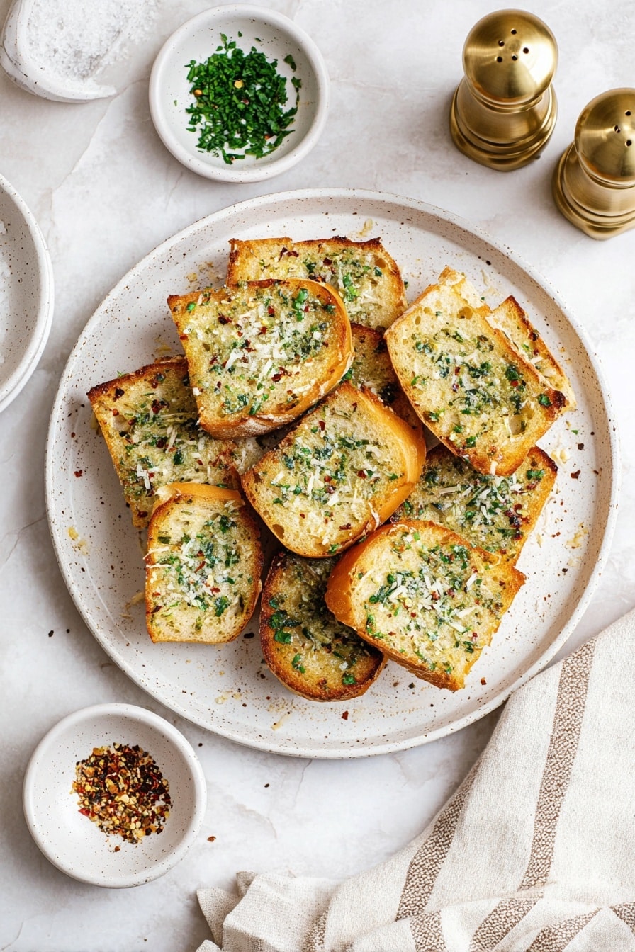 The image shows a white speckled plate filled with thick pieces of golden garlic bread. Each piece is topped with finely chopped green herbs and white grated cheese, giving a textured and fresh look. The bread has a light toasted brown crust around the edges, and the inside is soft and fluffy with a creamy yellow color. The plate sits on a white marbled surface, with two gold pepper grinders slightly blurred in the background and a part of a white cloth visible at the bottom right. photo taken with an iphone --ar 2:3 --v 7 - Garlic Parmesan Baguette with Parsley and Red Pepper Flakes, Garlic Parmesan Baguette, Parmesan Garlic Baguette Recipe, Easy Garlic Breadside, Flavored Baguette