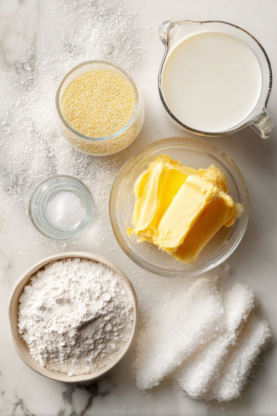 Flat lay of golden melted butter in a small clear dish, soft white all-purpose flour sprinkled gently, a cluster of frothy active dry yeast granules, a warm cup of creamy whole milk in a glass container, bright white sugar crystals sparkling, warm water in a rustic glass measuring cup, and a few softly folded pieces of smooth dough arranged artfully, placed on a white marble surface, photo taken with an iphone --ar 2:3 --v 7 - Soft and Buttery Parker House Rolls, Parker House Rolls, How to Make Parker House Rolls, Easy Parker House Rolls, Homemade Parker House Rolls