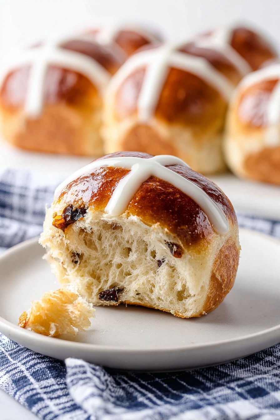 The image shows a close-up of a hot cross bun on a white plate, torn open to reveal a soft and fluffy inside with a light golden color and small pieces of dark raisins inside; the bun has a shiny brown top with a thick white cross of icing running over it. In the background, more whole buns with white icing crosses are blurred on a white marbled surface. A small crumb is near the torn bun on the plate. The plate rests on a blue and white checkered cloth. photo taken with an iphone --ar 2:3 --v 7 - Hot Cross Buns, Hot Cross Buns recipe, Easy Hot Cross Buns, Classic Hot Cross Buns, Spring Baking Hot Cross Buns