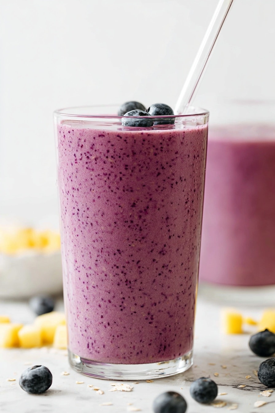 A tall clear glass filled with a thick, smooth purple smoothie that has small dark speckles evenly spread throughout. The smoothie reaches just to the top of the glass and has three fresh blueberries placed on the surface. A white straw is inserted into the right side of the glass, angled slightly backward. The glass is set on a white marbled surface with scattered blueberries and small pieces of light yellow fruit around it, and another glass with the same smoothie is blurred in the background. Photo taken with an iphone --ar 2:3 --v 7 - Blueberry Banana Smoothie, healthy smoothie recipes, quick breakfast smoothies, nutritious fruit smoothies, easy fruity smoothie