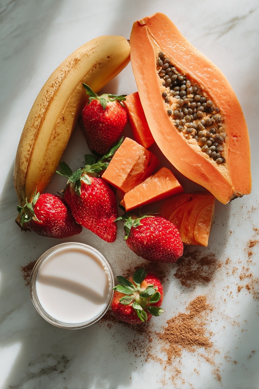 Flat lay of bright orange papaya chunks, vibrant red fresh strawberries with green leafy tops, a whole frozen banana with a frosty surface, smooth white coconut milk in a small poured splash form, and a sprinkle of warm brown cinnamon powder gently scattered, all beautifully arranged with natural light highlighting their fresh textures, placed on a white marble surface, photo taken with an iphone --ar 2:3 --v 7 - Papaya and Strawberry Smoothie, tropical fruit smoothie, healthy smoothie recipes, easy summer drinks, vegan smoothie ideas