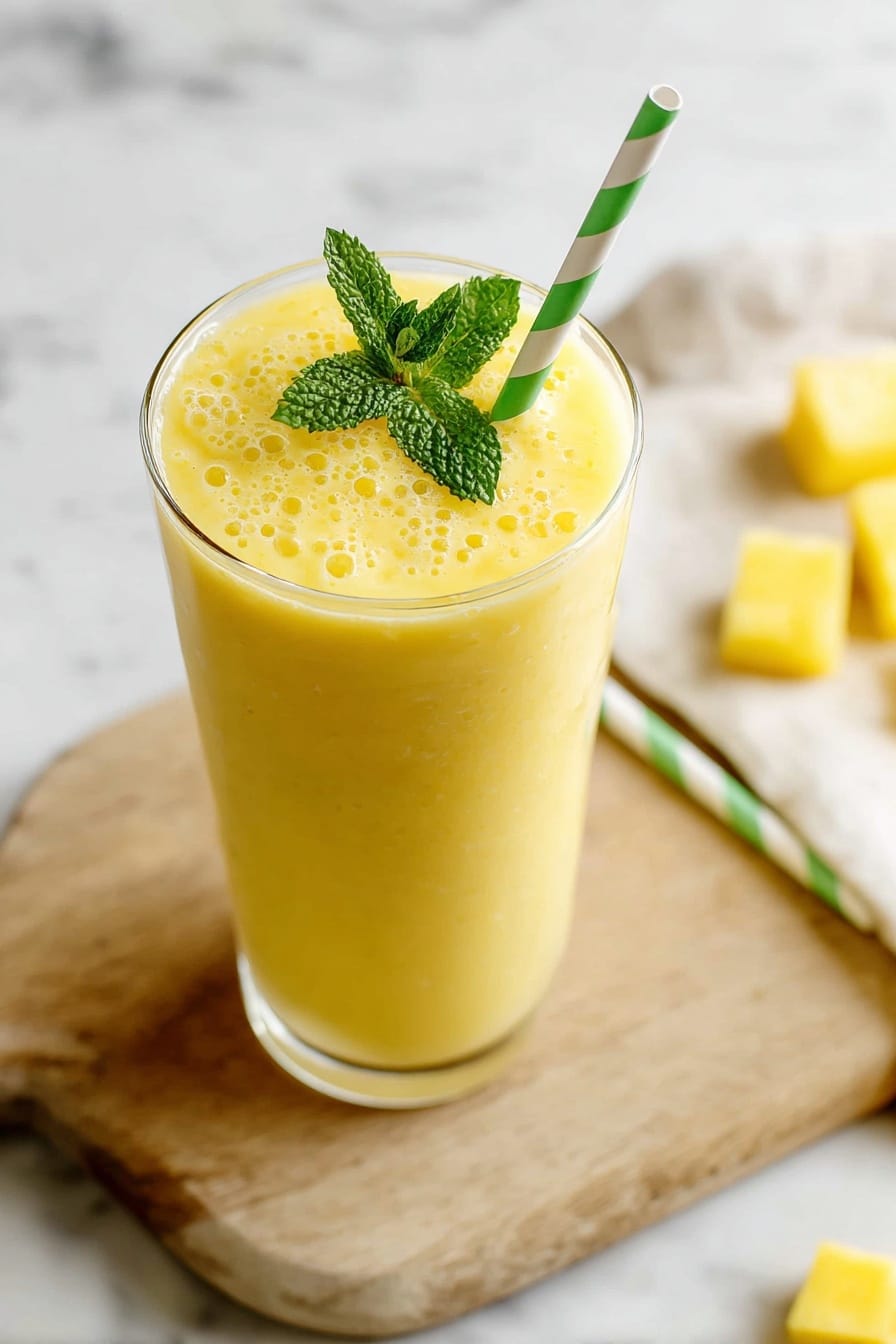 A tall clear glass filled with a thick, smooth yellow drink, topped with small bubbles and a small bunch of fresh green mint leaves placed in the center on top. A green and white striped straw is inserted from the right side of the glass. The glass sits on a light wooden cutting board with a few blurred yellow pieces around it against a white marbled surface. photo taken with an iphone --ar 2:3 --v 7 - Pineapple Mango Smoothie, tropical smoothie, healthy smoothie recipes, easy smoothie ideas, vegan fruit smoothies