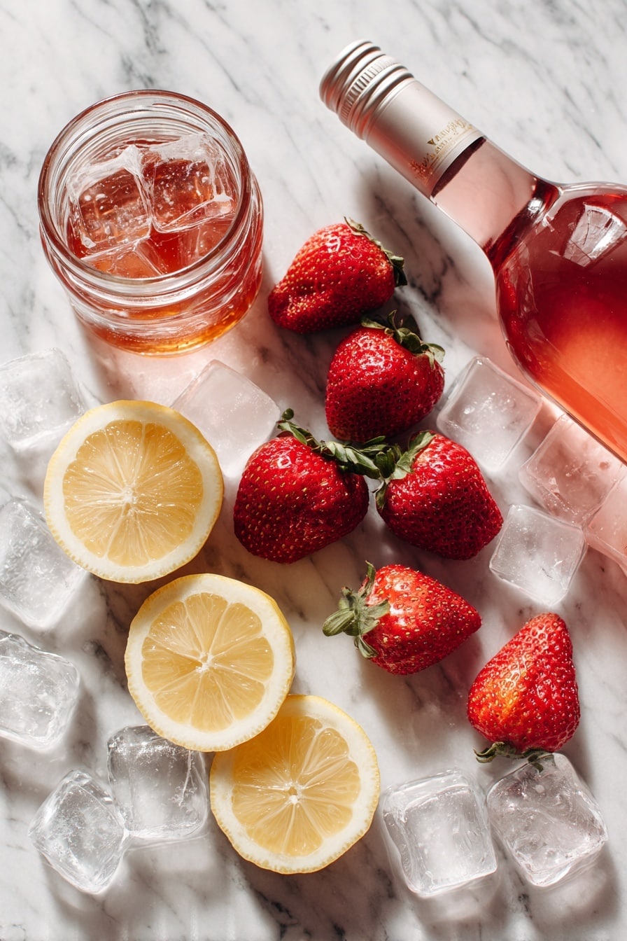 Flat lay of frozen strawberries with a few whole fresh strawberries, a chilled bottle of rosé wine with its soft pink hue visible, a small glass jar of simple syrup glistening slightly, fresh lemon wedges cut to show their juicy interior, and clear ice cubes scattered artfully, all placed on a white marble surface, photo taken with an iphone --ar 2:3 --v 7 - Frosè – Frozen Rose, frozen rosé drink, summer cocktail, icy wine beverage, refreshing summer drink