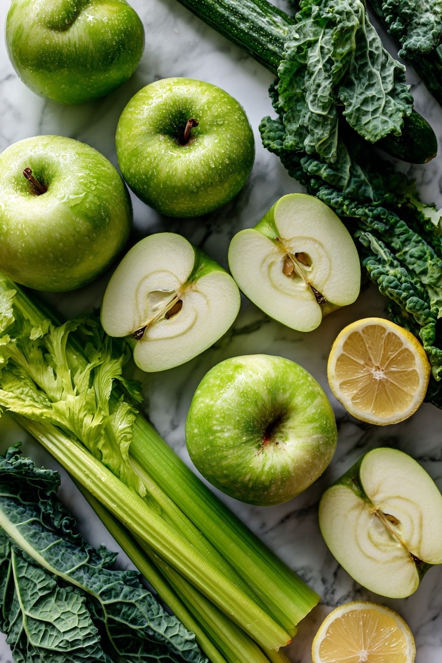 Flat lay of halved and quartered green apples, fresh celery stalks, a peeled cucumber, bright romaine leaves, vibrant kale leaves, and a peeled lemon arranged beautifully with natural light highlighting their fresh textures and colors, placed on a white marble surface, photo taken with an iphone --ar 2:3 --v 7 - Green Juice, Green Juice Recipe, Healthy Green Juice, Fresh Juice Recipe, Quick Green Smoothie