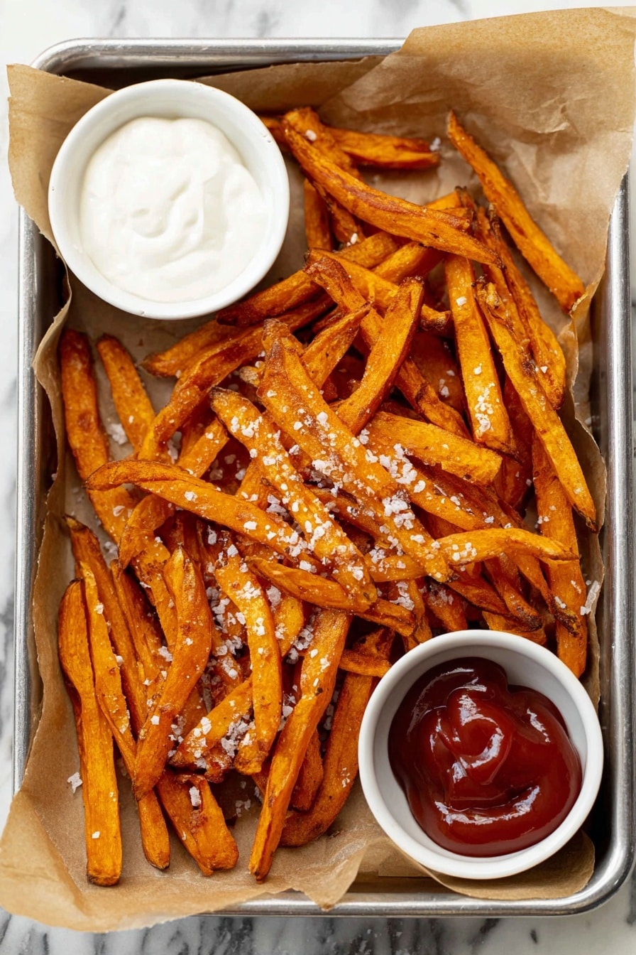 A tray filled with many orange sweet potato fries sprinkled with coarse salt, showing a crispy texture and some charred edges, with a small clear glass bowl of red ketchup on the front left side and a small white cup of white dipping sauce in the background near the center, while a woman's hand is picking up one fry from the right side on a white marbled surface photo taken with an iphone --ar 2:3 --v 7 - Air Fryer Sweet Potato Fries, crispy sweet potato fries, healthy snack recipes, easy air fryer recipes, homemade sweet potato fries